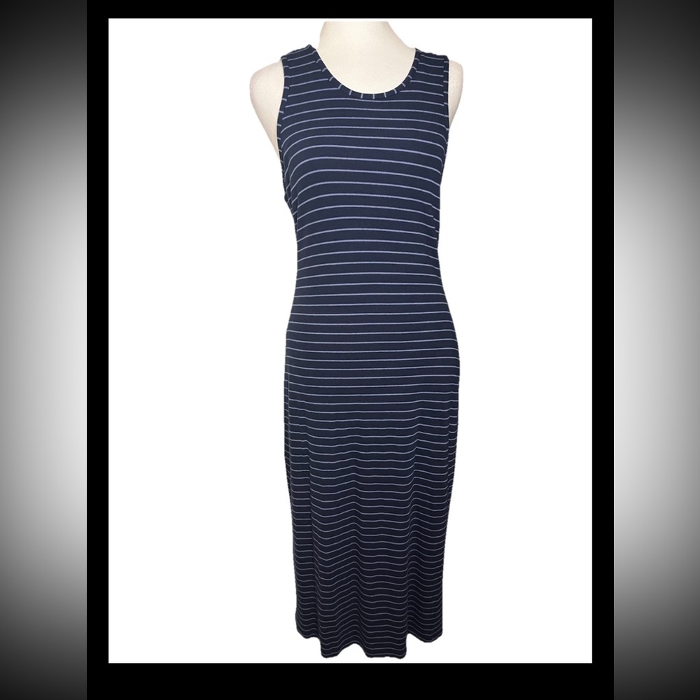 Marine Layer Lexi Daytime Stretch Midi Dress Blue Striped Med - Picture 2 of 6